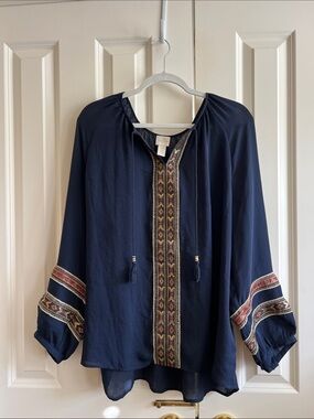 Chico’s Boho Embroidered Peasant Blouse - Navy